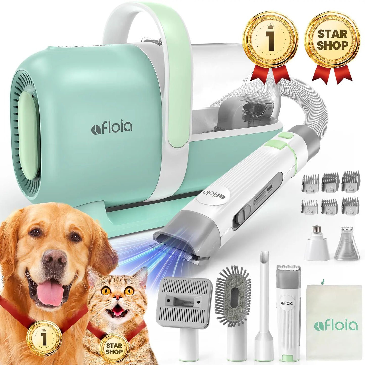 Afloia Professional Dog Grooming Kit: Vacuum Grooming Tools, Dog Clippers, and Low Noise Hair Remover for Shedding Pets