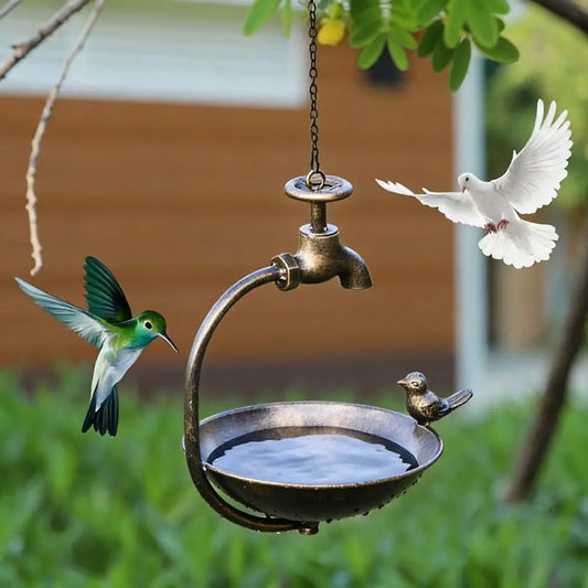 Elegant Vintage Hanging Bird Feeder with Faucet Design - Multi-Functional Bath Bowl for Outdoor Decor, Ideal Gift for Bird Enthusiasts