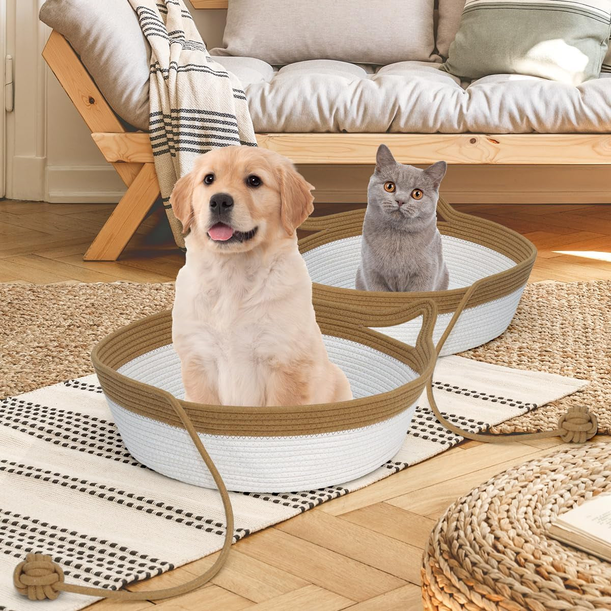 Cotton Rope Cat Bed and Foldable Sleeping Basket with Play Ball, Hand-Woven Sofa Bed for Small Dogs and Kittens, Medium Size, Brown and Beige