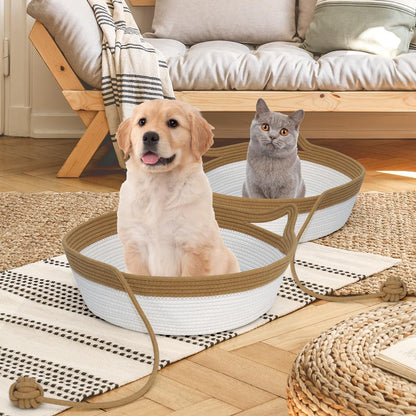 Cotton Rope Cat Bed and Foldable Sleeping Basket with Play Ball, Hand-Woven Sofa Bed for Small Dogs and Kittens, Medium Size, Brown and Beige