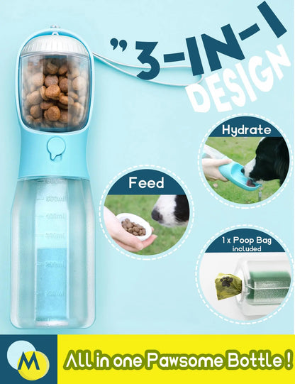 Portable Dog Water Bottle with 3-in-1 Travel Bowl, Food Container, and Waste Bag Holder - 20oz, Blue, Ideal for Outdoor Activities with Large Dogs