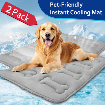 2-Pack Dog Cooling Mat for Large Dogs and Cats - Durable, Non-Toxic, Non-Slip Quilted Summer Pet Pad with Bone Stitching, Portable and Washable for Indoor and Outdoor Use, Grey
