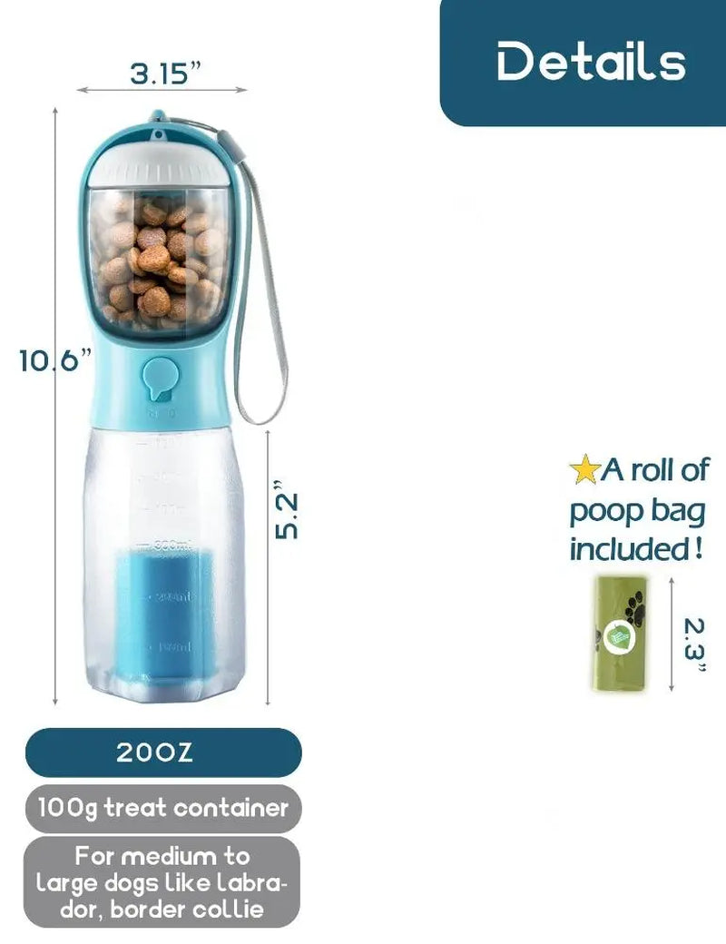 Portable Dog Water Bottle with 3-in-1 Travel Bowl, Food Container, and Waste Bag Holder - 20oz, Blue, Ideal for Outdoor Activities with Large Dogs