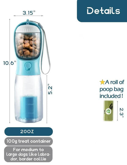 Portable Dog Water Bottle with 3-in-1 Travel Bowl, Food Container, and Waste Bag Holder - 20oz, Blue, Ideal for Outdoor Activities with Large Dogs