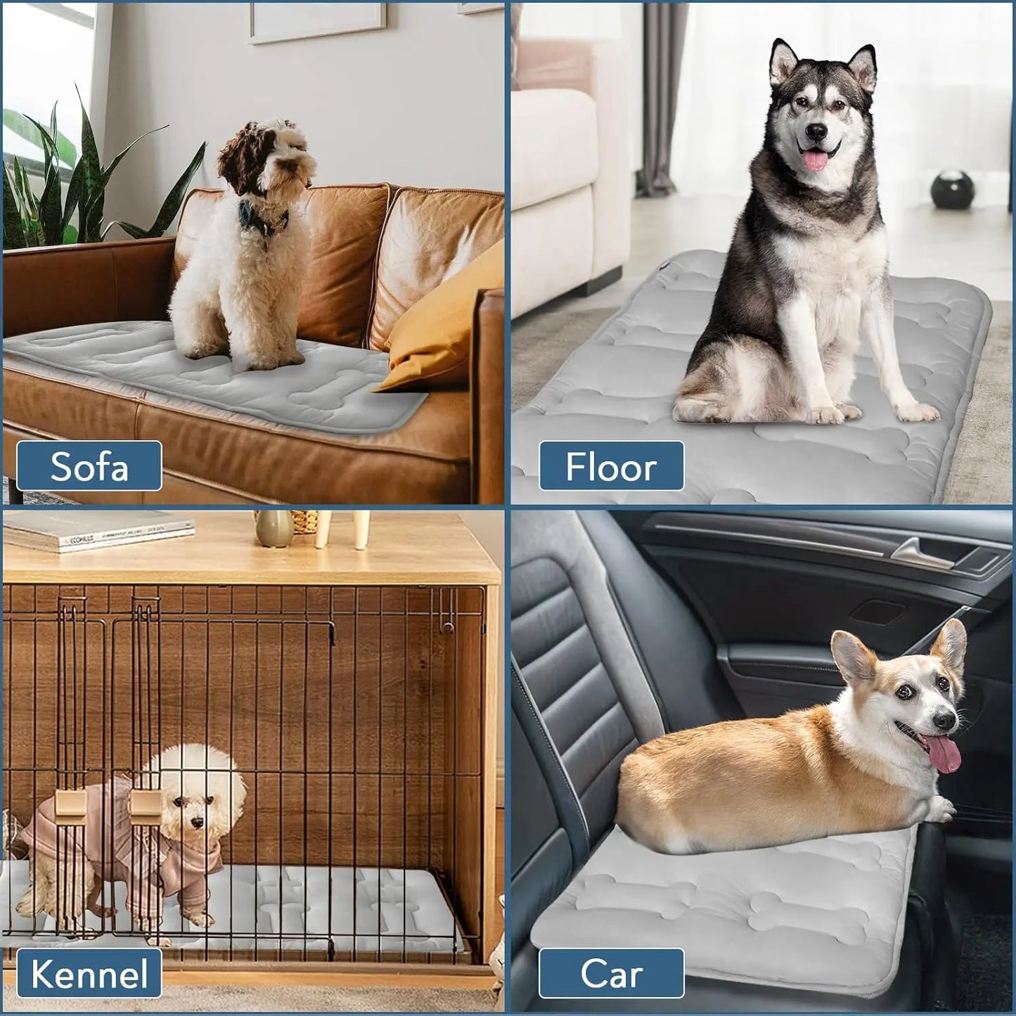 2-Pack Dog Cooling Mat for Large Dogs and Cats - Durable, Non-Toxic, Non-Slip Quilted Summer Pet Pad with Bone Stitching, Portable and Washable for Indoor and Outdoor Use, Grey
