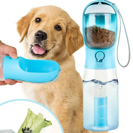 Portable Dog Water Bottle with 3-in-1 Travel Bowl, Food Container, and Waste Bag Holder - 20oz, Blue, Ideal for Outdoor Activities with Large Dogs