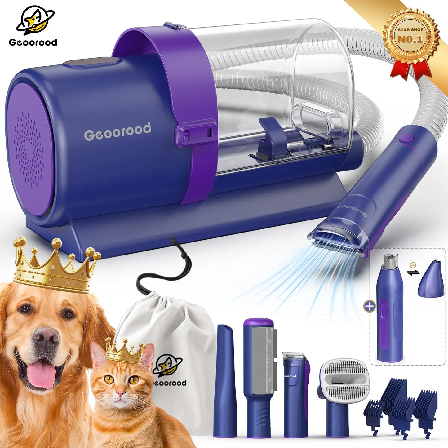Geoorood All-In-One Dog Grooming Kit with Vacuum Brush - 2.5L Capacity, Stainless Steel Blades, Lightweight Design, 13Kpa Suction Force, Portable Cleaning Solution