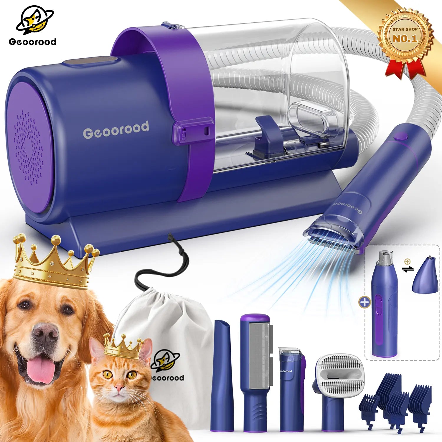 Geoorood All-In-One Dog Grooming Kit with Vacuum Brush - 2.5L Capacity, Stainless Steel Blades, Lightweight Design, 13Kpa Suction Force, Portable Cleaning Solution