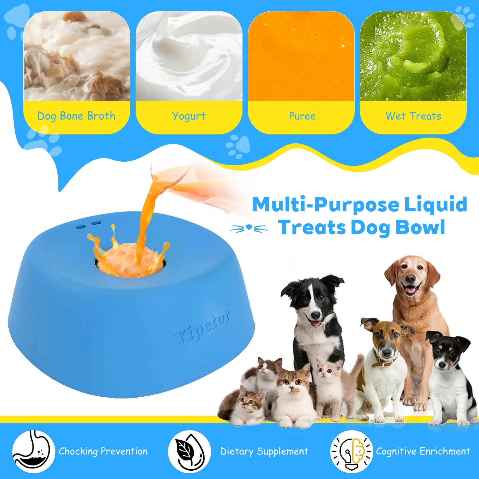 Yipetor Slow Feeder Dog Bowls with Built-In Rolling Ball for Liquid Treats - No Spill Bone Broth and Multi-Purpose Puppy Yogurt Feeder for All Breeds and Dietary Supplement/Post-Op Nutrition
