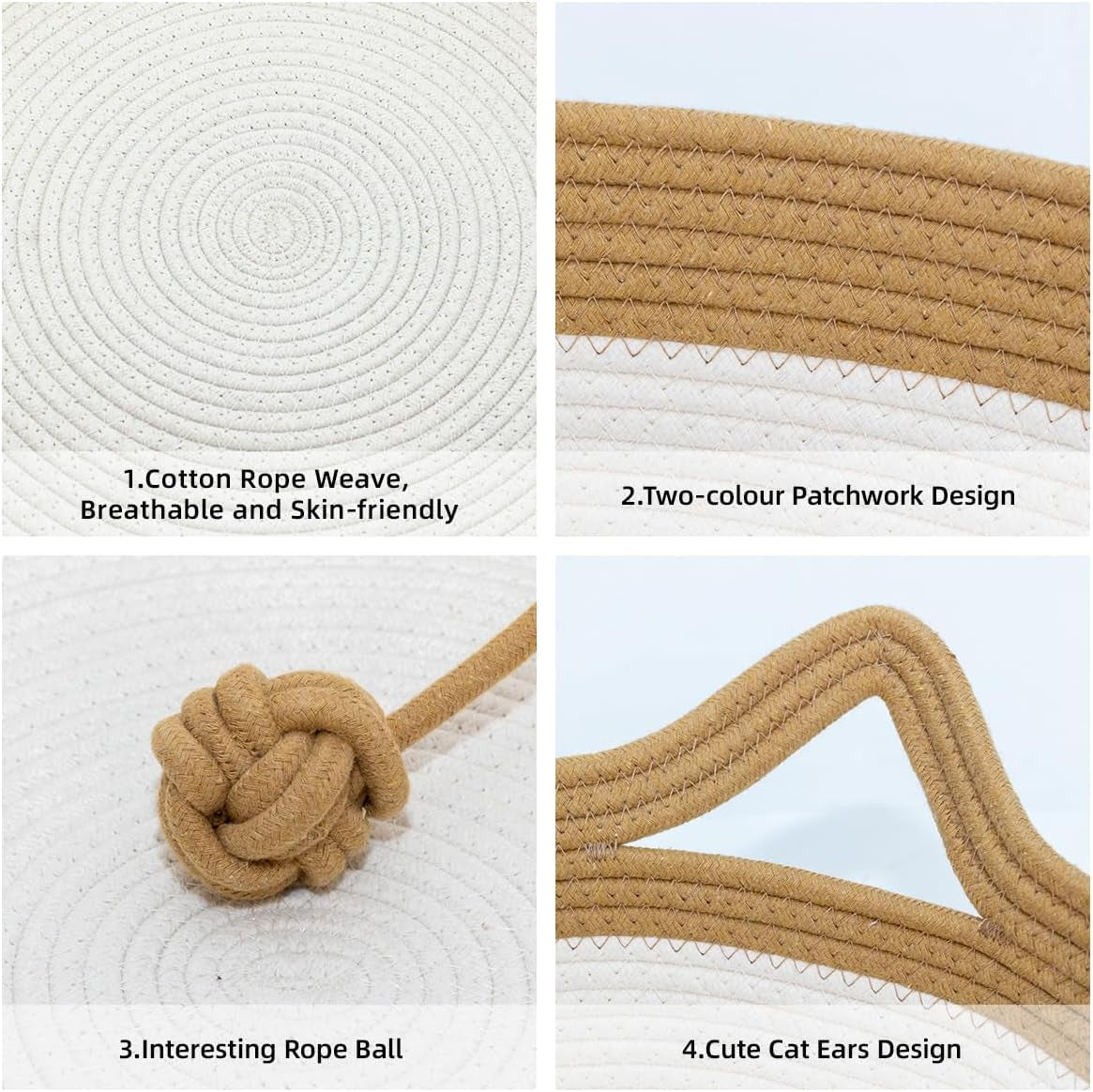 Cotton Rope Cat Bed and Foldable Sleeping Basket with Play Ball, Hand-Woven Sofa Bed for Small Dogs and Kittens, Medium Size, Brown and Beige