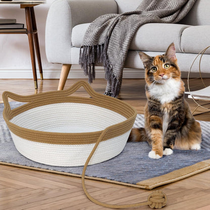 Cotton Rope Cat Bed and Foldable Sleeping Basket with Play Ball, Hand-Woven Sofa Bed for Small Dogs and Kittens, Medium Size, Brown and Beige