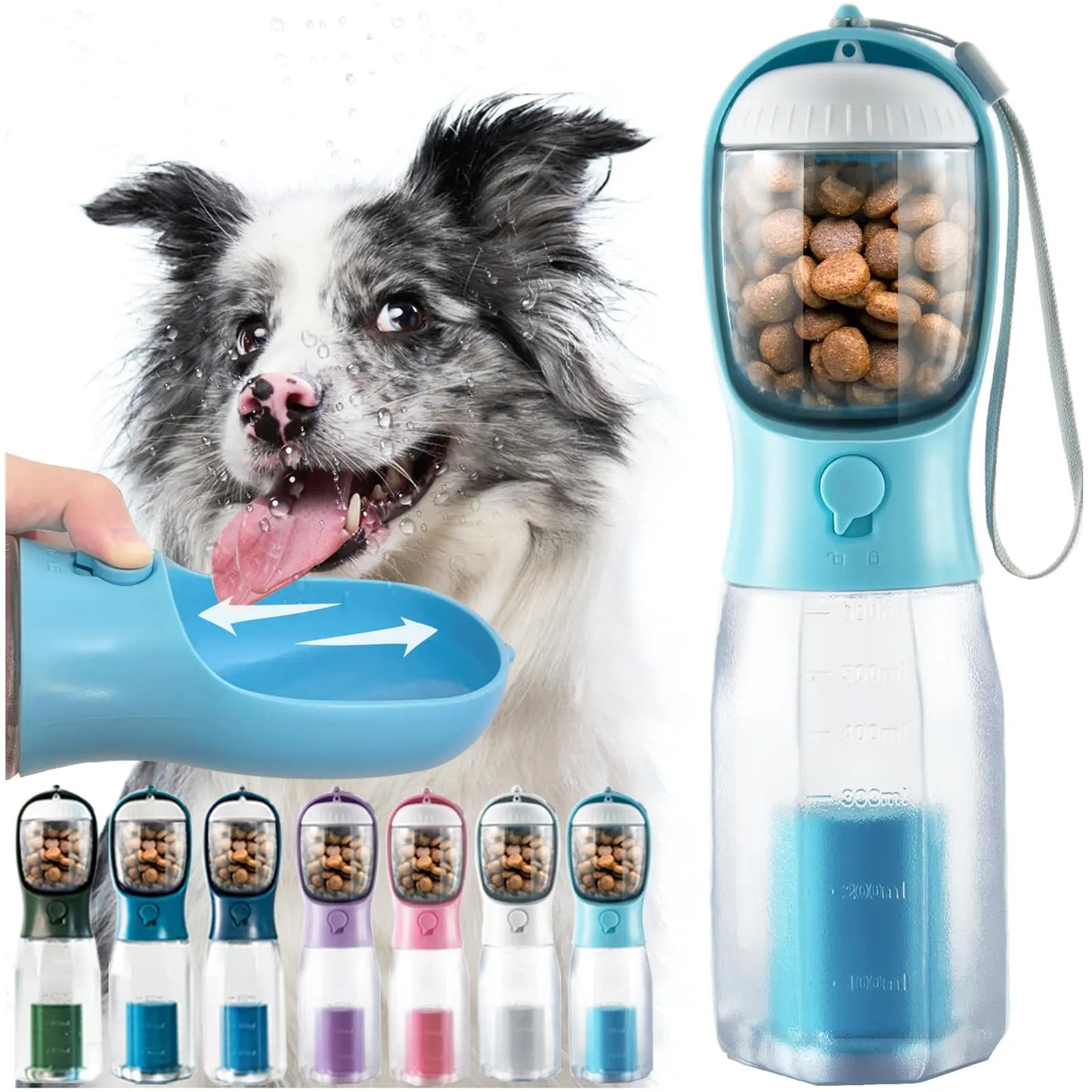 Portable Dog Water Bottle with 3-in-1 Travel Bowl, Food Container, and Waste Bag Holder - 20oz, Blue, Ideal for Outdoor Activities with Large Dogs