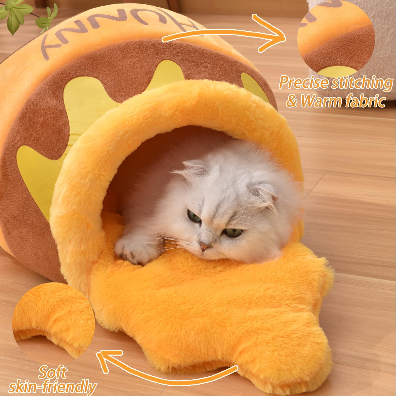 Honey Pot Cat Cave Bed - Plush Rebound Sponge Pet Nest with Removable and Washable Cushion, Adorable Cartoon Design for Small Cats and Breeds
