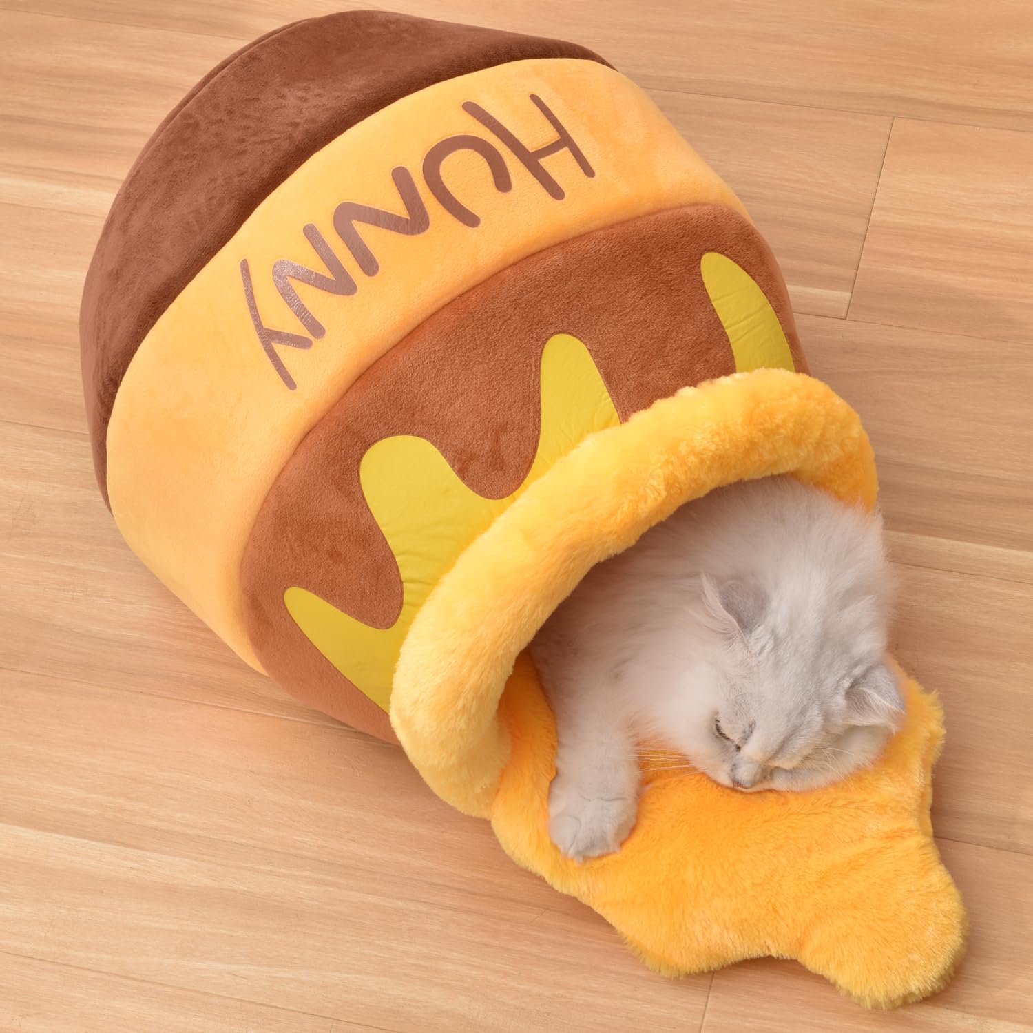 Honey Pot Cat Cave Bed - Plush Rebound Sponge Pet Nest with Removable and Washable Cushion, Adorable Cartoon Design for Small Cats and Breeds