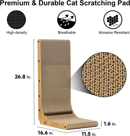 L-Shaped Wall-Mounted Cat Scratcher - 26.8 Inch Cardboard Scratch Pad with Ball Toy for Indoor Cats, Large Size