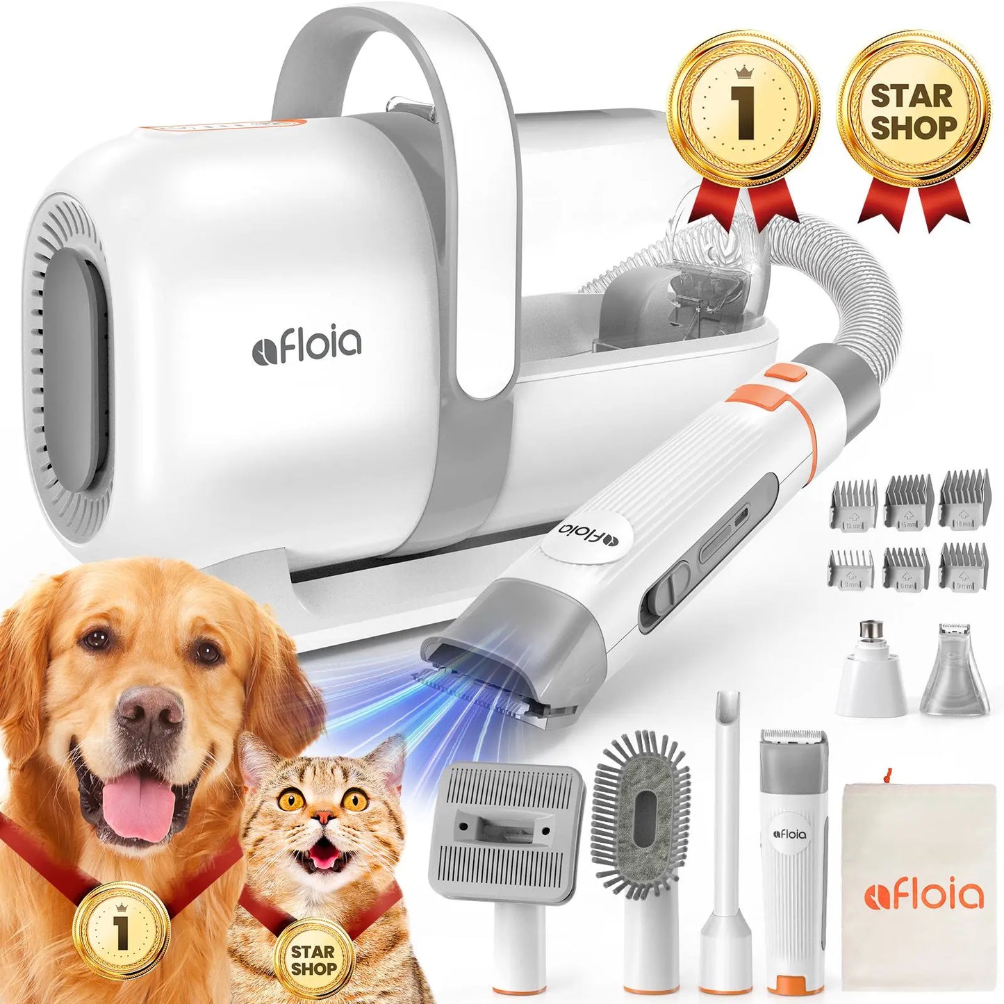 Afloia Professional Dog Grooming Kit: Vacuum Grooming Tools, Dog Clippers, and Low Noise Hair Remover for Shedding Pets