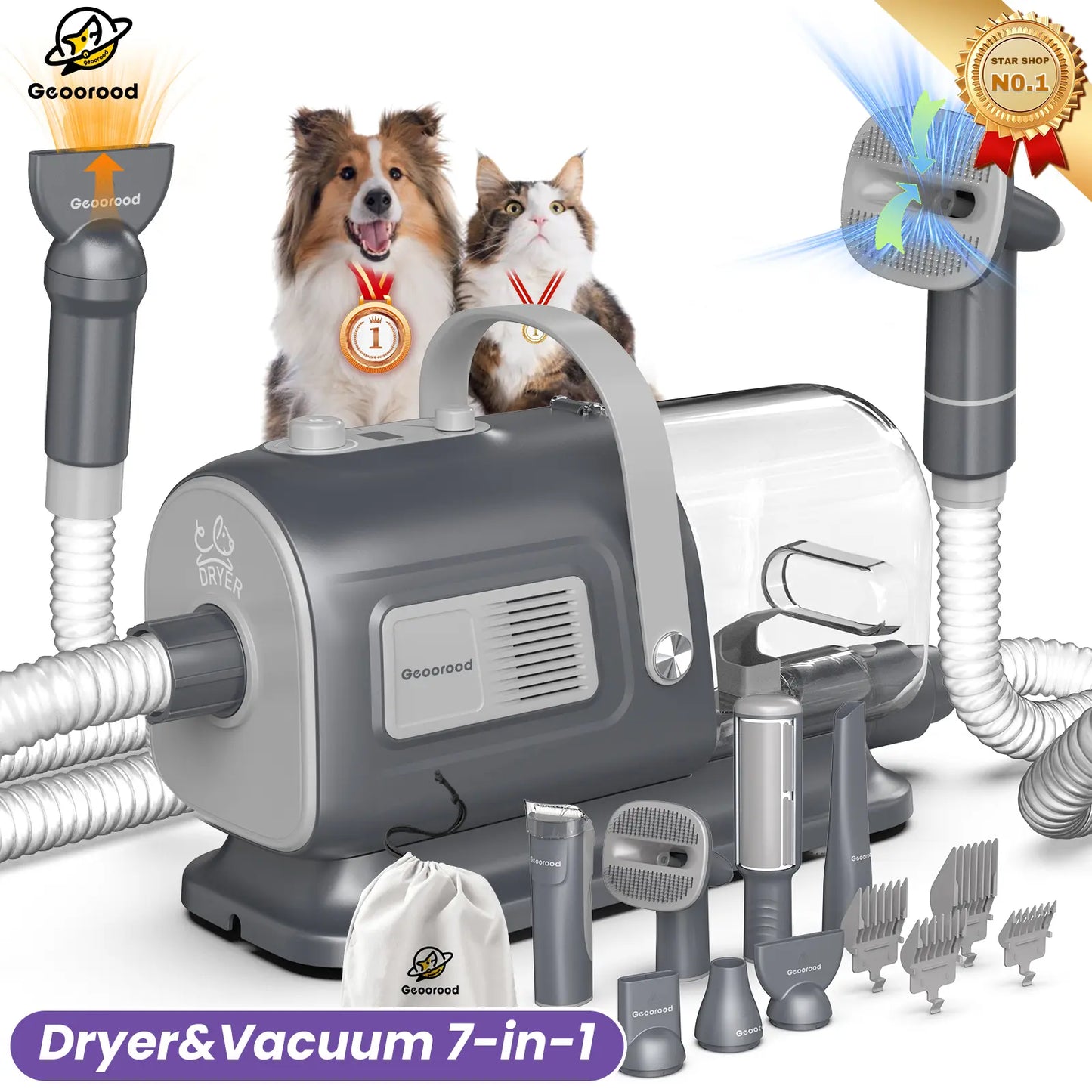 Geoorood All-In-One Dog Grooming Kit with Vacuum Brush - 2.5L Capacity, Stainless Steel Blades, Lightweight Design, 13Kpa Suction Force, Portable Cleaning Solution