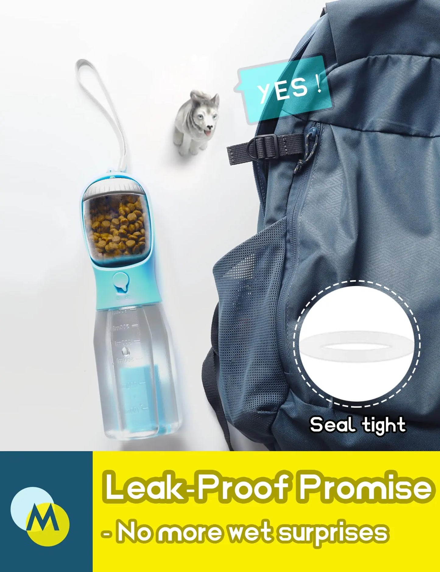 Portable Dog Water Bottle with 3-in-1 Travel Bowl, Food Container, and Waste Bag Holder - 20oz, Blue, Ideal for Outdoor Activities with Large Dogs