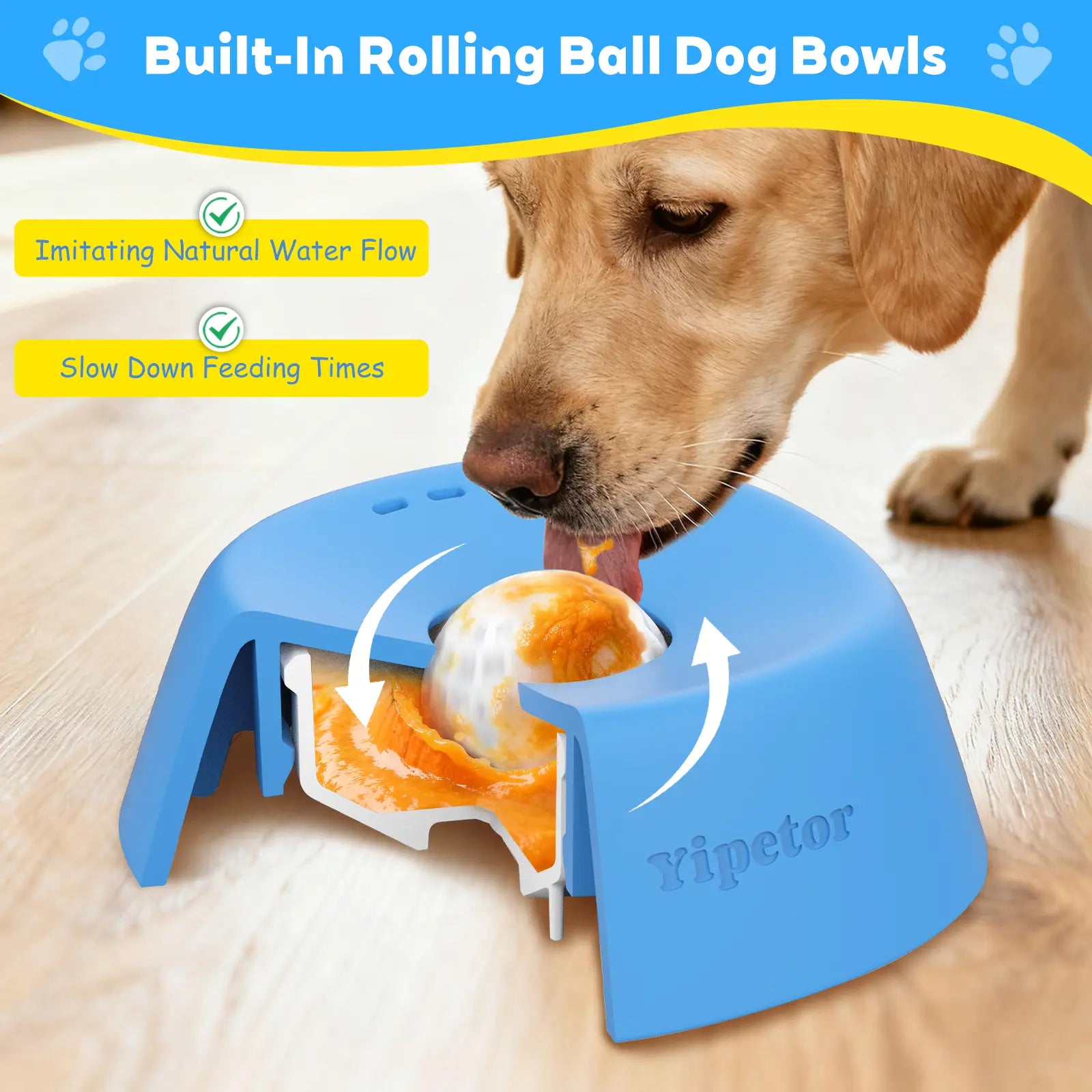 Yipetor Slow Feeder Dog Bowls with Built-In Rolling Ball for Liquid Treats - No Spill Bone Broth and Multi-Purpose Puppy Yogurt Feeder for All Breeds and Dietary Supplement/Post-Op Nutrition