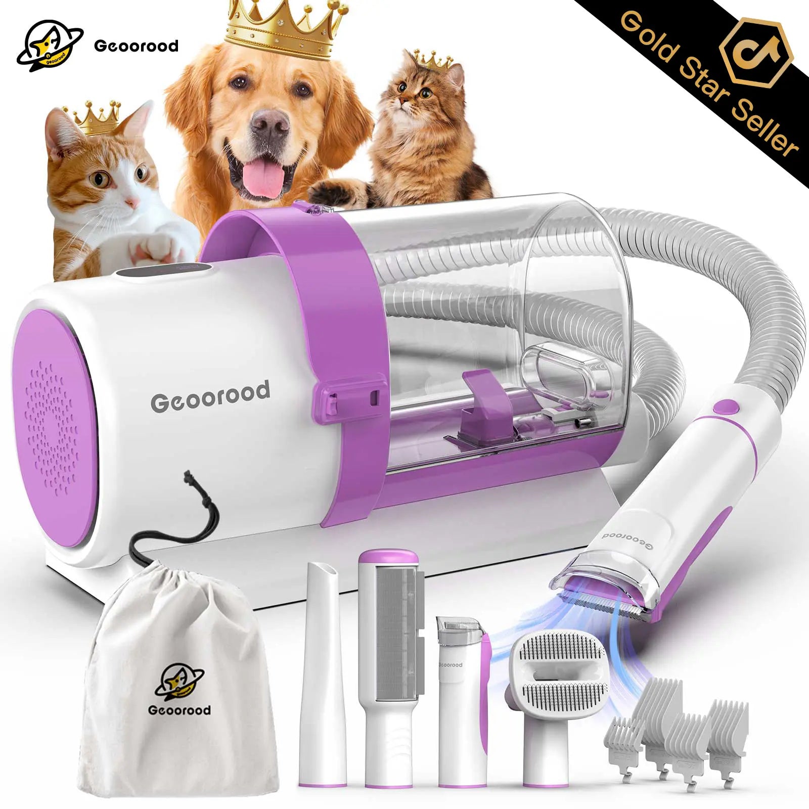 Geoorood All-In-One Dog Grooming Kit with Vacuum Brush - 2.5L Capacity, Stainless Steel Blades, Lightweight Design, 13Kpa Suction Force, Portable Cleaning Solution