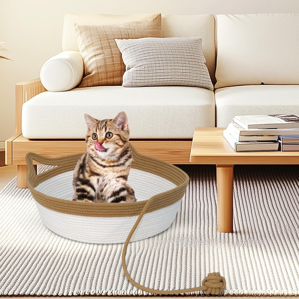 Cotton Rope Cat Bed and Foldable Sleeping Basket with Play Ball, Hand-Woven Sofa Bed for Small Dogs and Kittens, Medium Size, Brown and Beige