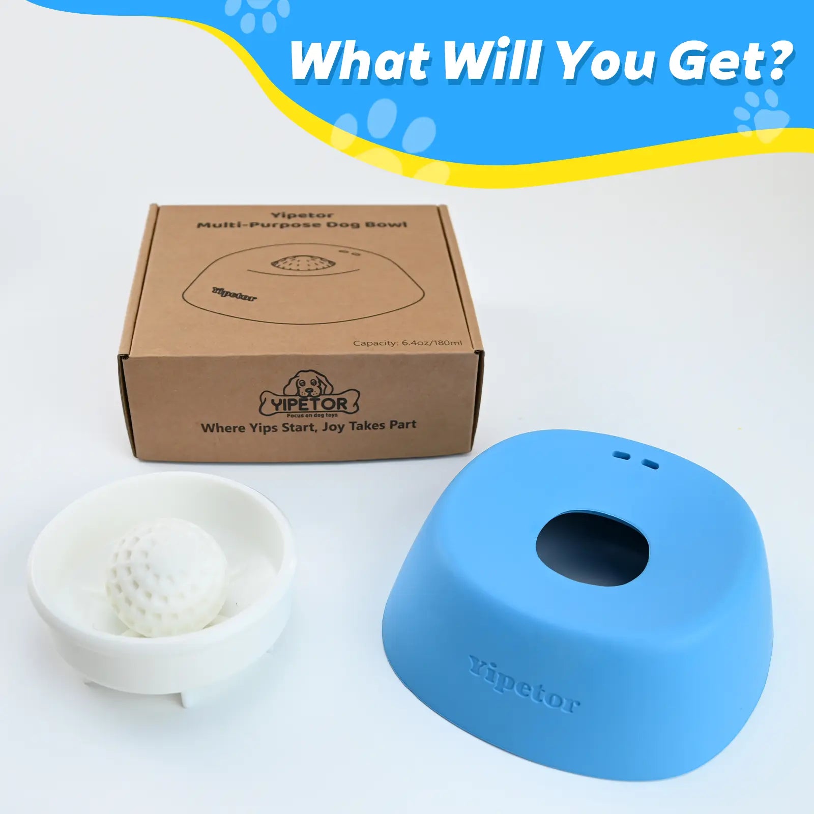 Yipetor Slow Feeder Dog Bowls with Built-In Rolling Ball for Liquid Treats - No Spill Bone Broth and Multi-Purpose Puppy Yogurt Feeder for All Breeds and Dietary Supplement/Post-Op Nutrition