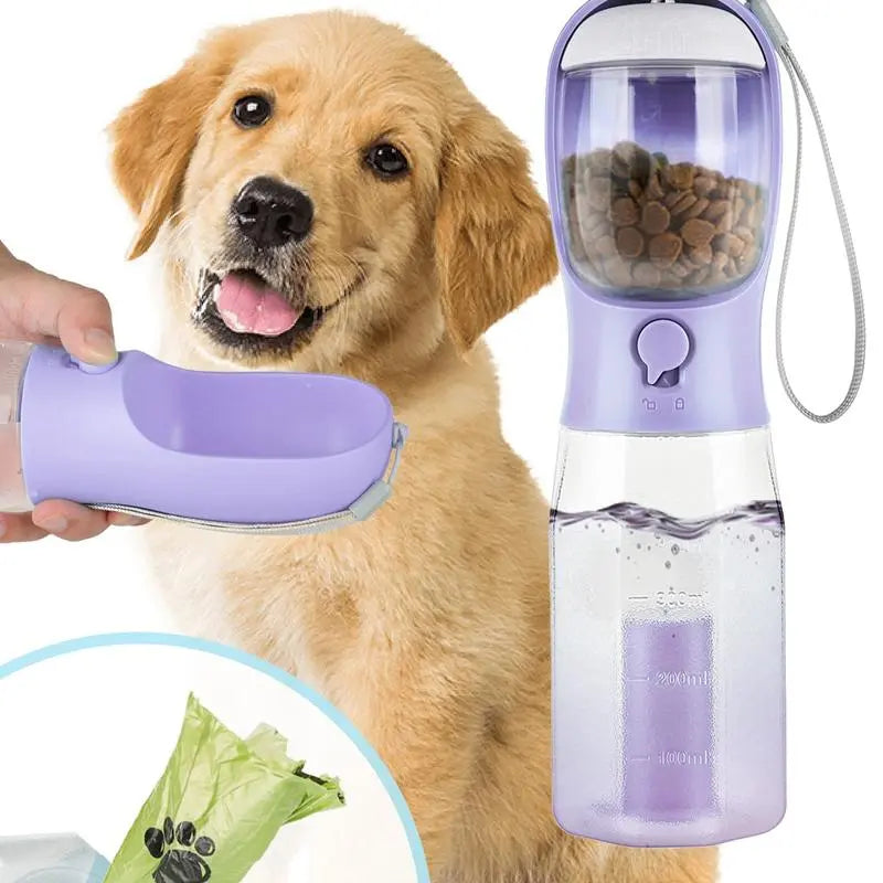 Portable Dog Water Bottle with 3-in-1 Travel Bowl, Food Container, and Waste Bag Holder - 20oz, Blue, Ideal for Outdoor Activities with Large Dogs