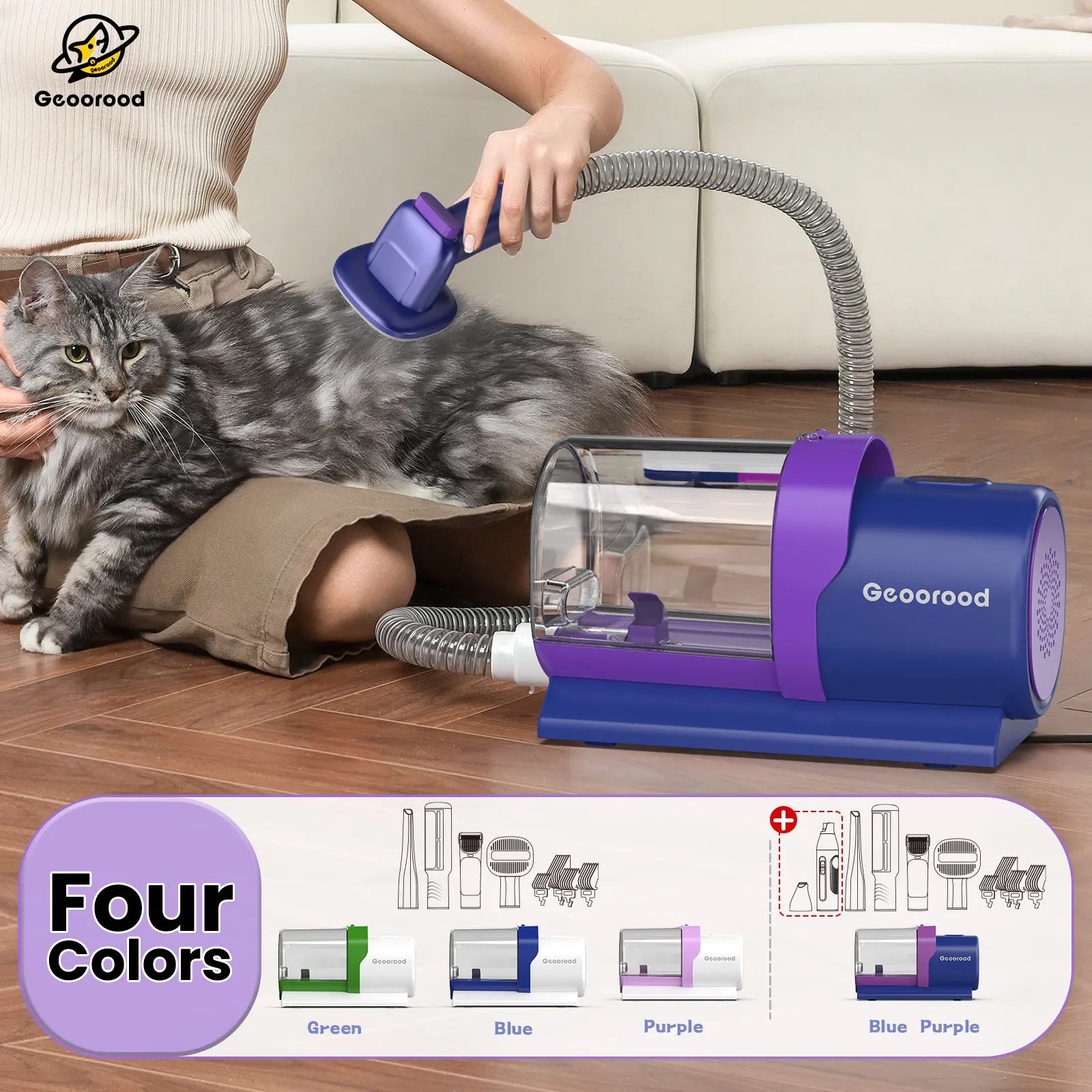 Geoorood All-In-One Dog Grooming Kit with Vacuum Brush - 2.5L Capacity, Stainless Steel Blades, Lightweight Design, 13Kpa Suction Force, Portable Cleaning Solution