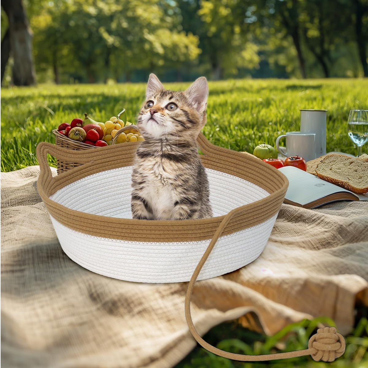 Cotton Rope Cat Bed and Foldable Sleeping Basket with Play Ball, Hand-Woven Sofa Bed for Small Dogs and Kittens, Medium Size, Brown and Beige