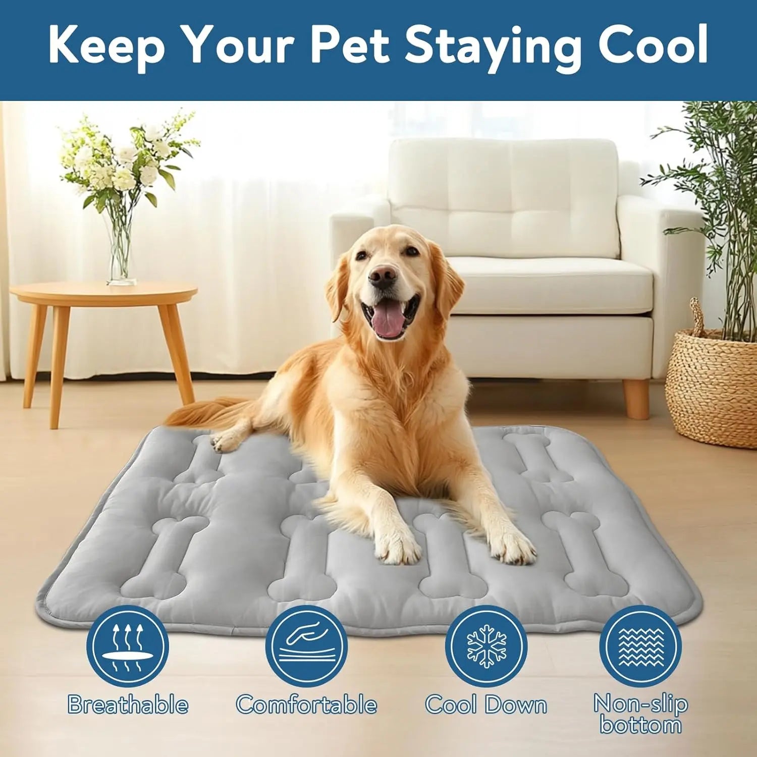 2-Pack Dog Cooling Mat for Large Dogs and Cats - Durable, Non-Toxic, Non-Slip Quilted Summer Pet Pad with Bone Stitching, Portable and Washable for Indoor and Outdoor Use, Grey