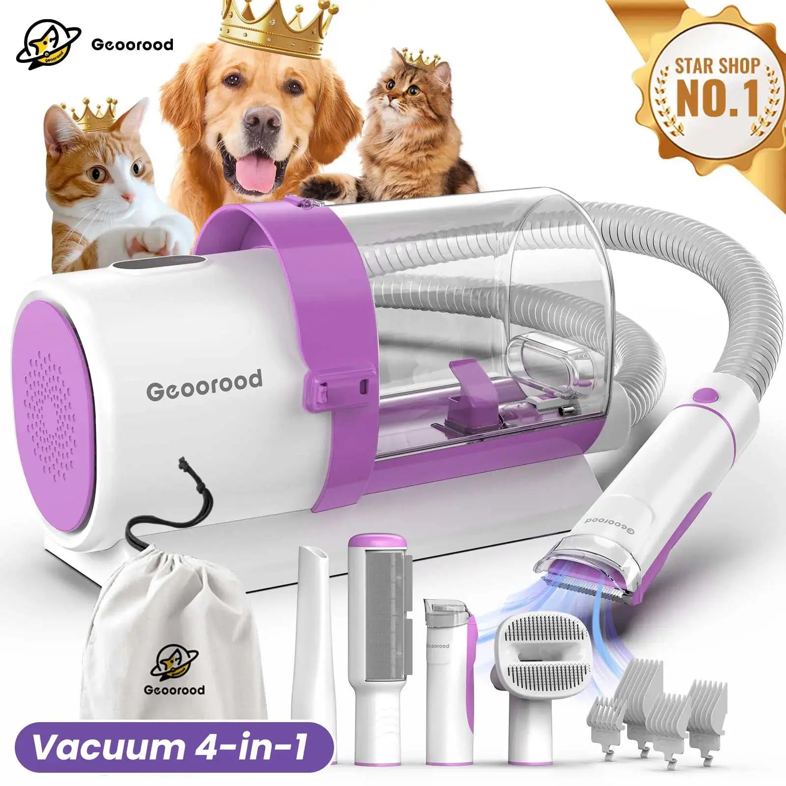 Geoorood All-In-One Dog Grooming Kit with Vacuum Brush - 2.5L Capacity, Stainless Steel Blades, Lightweight Design, 13Kpa Suction Force, Portable Cleaning Solution