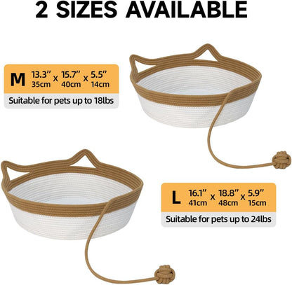 Cotton Rope Cat Bed and Foldable Sleeping Basket with Play Ball, Hand-Woven Sofa Bed for Small Dogs and Kittens, Medium Size, Brown and Beige