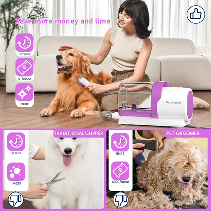 Geoorood All-In-One Dog Grooming Kit with Vacuum Brush - 2.5L Capacity, Stainless Steel Blades, Lightweight Design, 13Kpa Suction Force, Portable Cleaning Solution