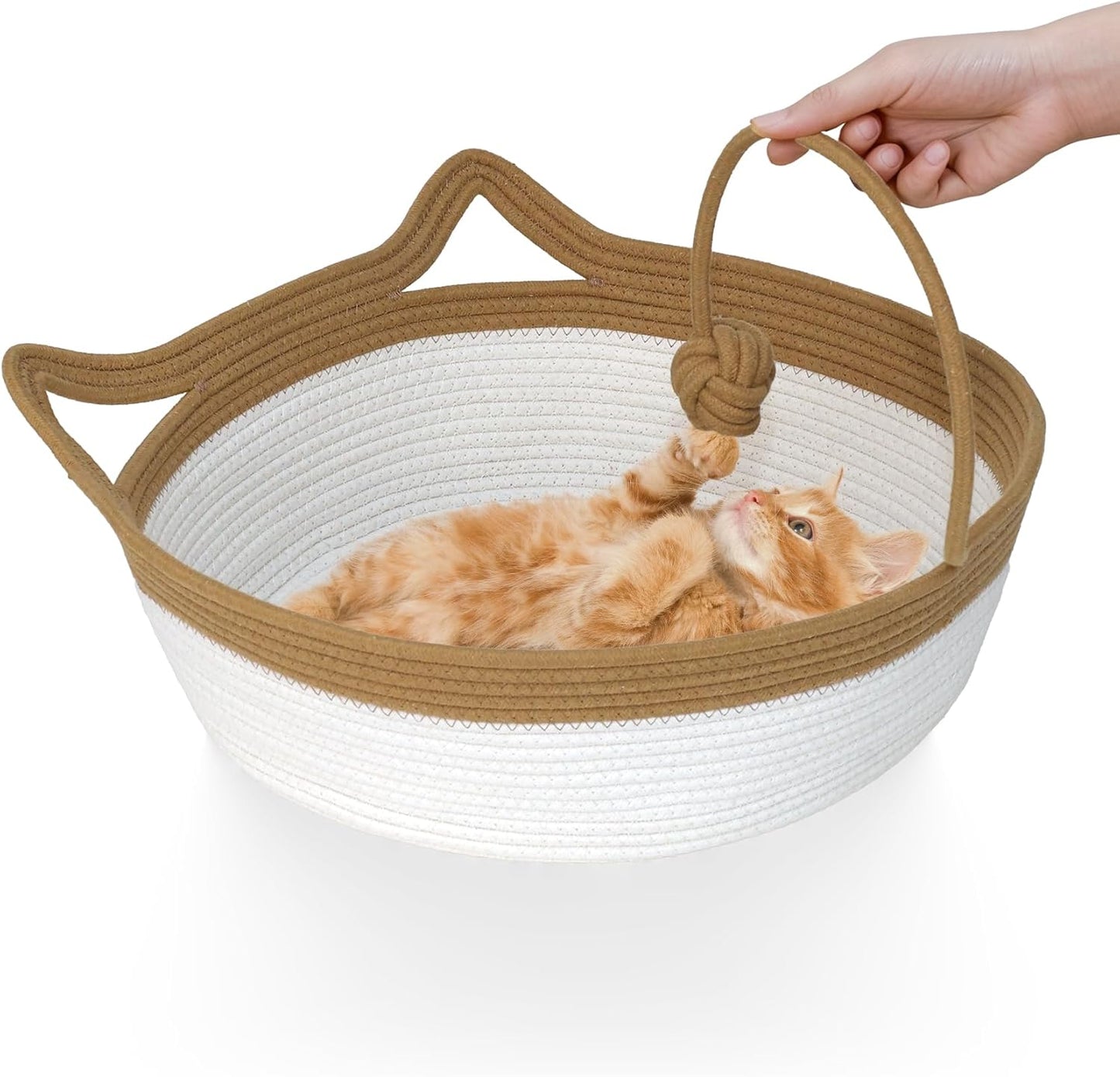 Cotton Rope Cat Bed and Foldable Sleeping Basket with Play Ball, Hand-Woven Sofa Bed for Small Dogs and Kittens, Medium Size, Brown and Beige