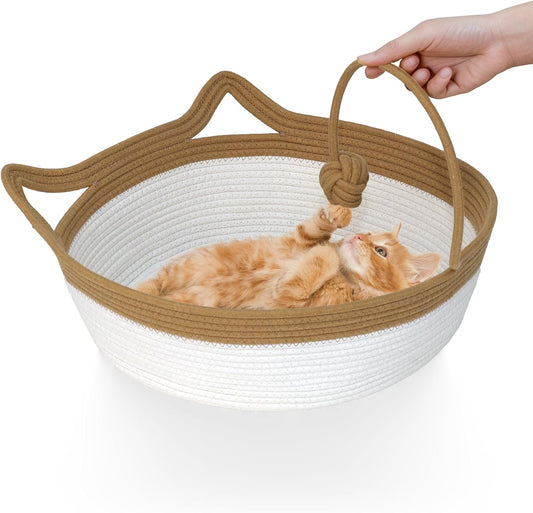 Cotton Rope Cat Bed and Foldable Sleeping Basket with Play Ball, Hand-Woven Sofa Bed for Small Dogs and Kittens, Medium Size, Brown and Beige